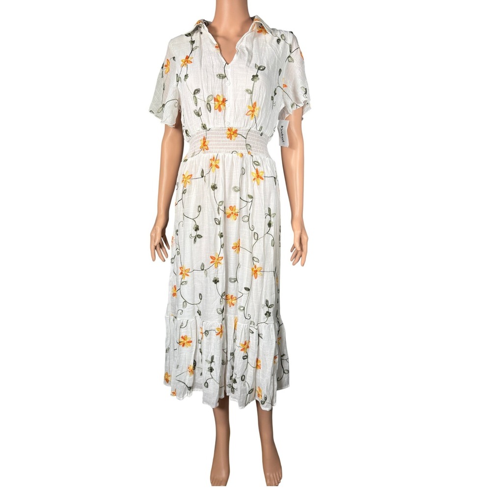 Anthropologie Kindred Floral Embroidered Midi Dress Smocked Waist Size L New